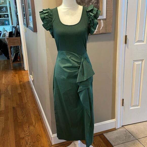 Sugarlips Poplin Scoop Neck Ruffle Sleeve Ruched Midi Dress green - Picture 3 of 9